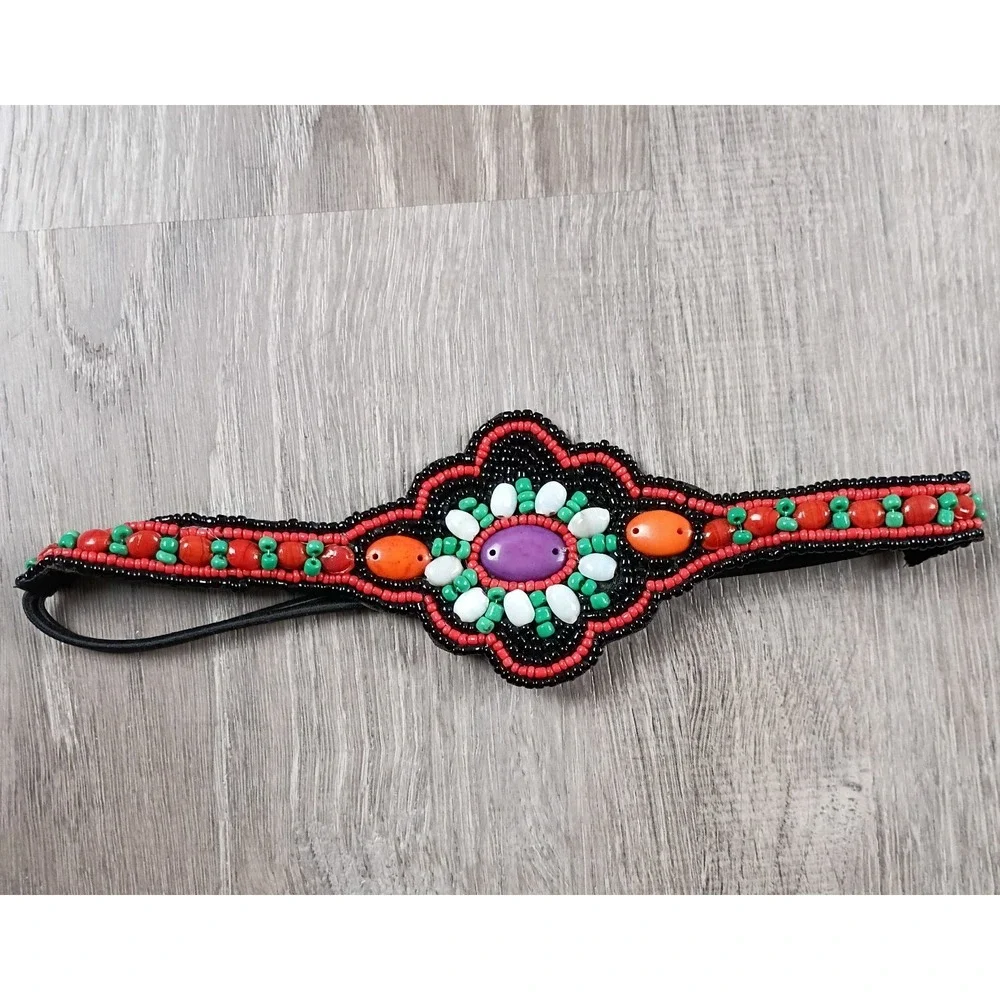 Sead Beaded Headband Elastic Bindy Black Colorful Vtg Statement Boho Southern